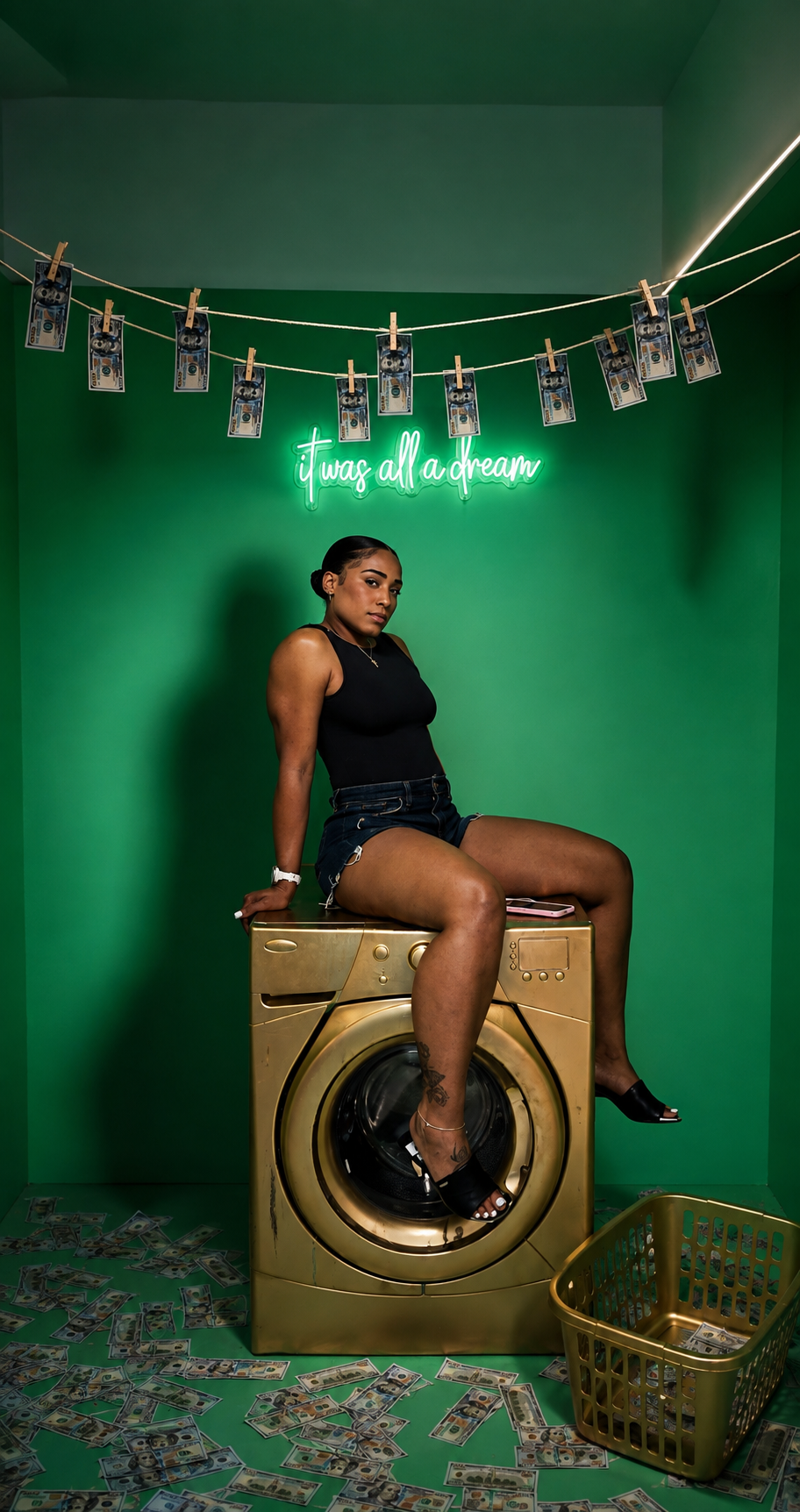 Guest posing in the neon green Dirty Money laundry room at The Williamsburg Selfie Museum